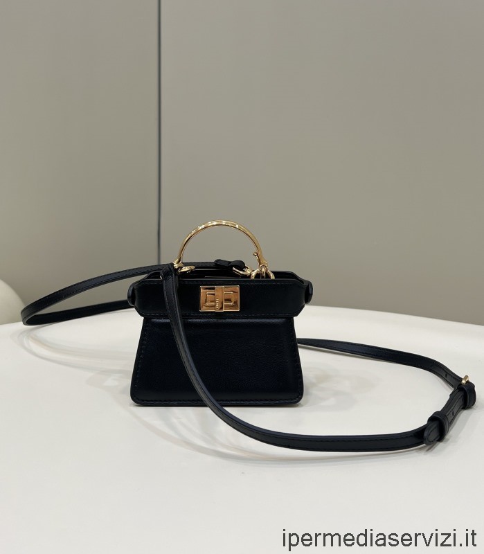 ρεπλίκα Fendi Micro Peekaboo τσάντα χιαστί με επάνω λαβή σε μαύρο δέρμα νάπα 80063 10x8x12cm