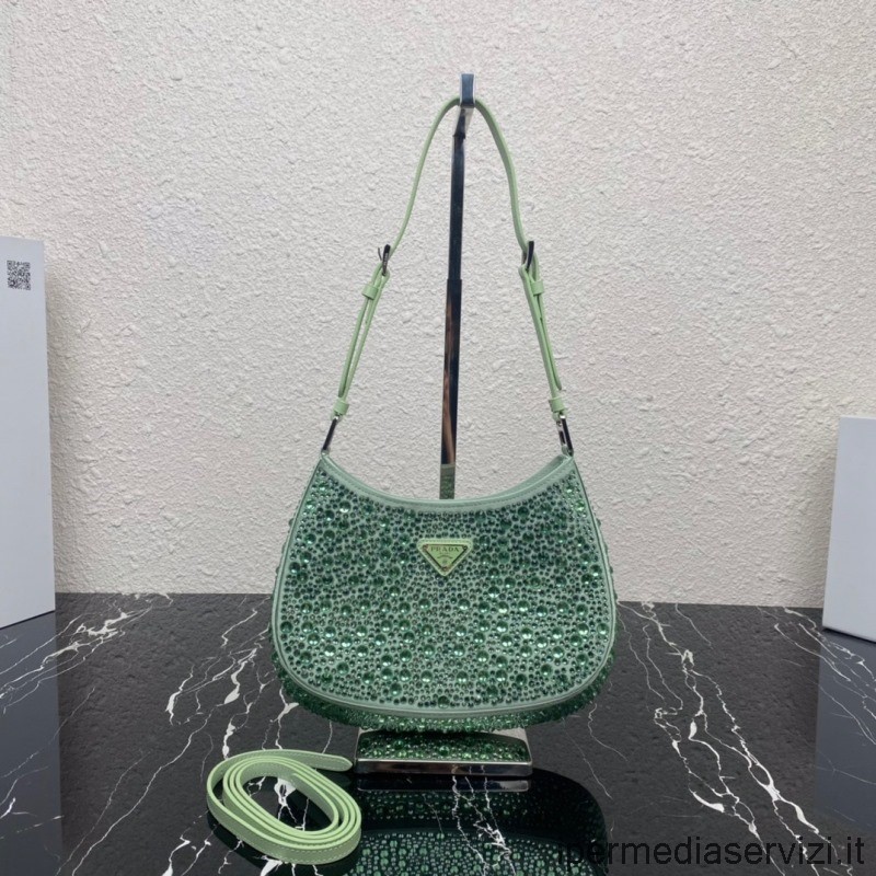 ρεπλίκα Prada Cleo σατέν Hobo τσάντα χιαστί ώμου με φωτεινά κρύσταλλα σε πράσινο χρώμα 1bc169 22x18x4cm