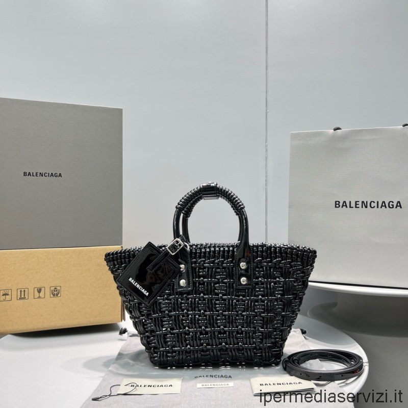 ρεπλίκα Balenciaga Bistro Xs Basket Bag με λουράκι σε μαύρο βερνικωμένο δέρμα μοσχαριού 92818 32x13x40cm