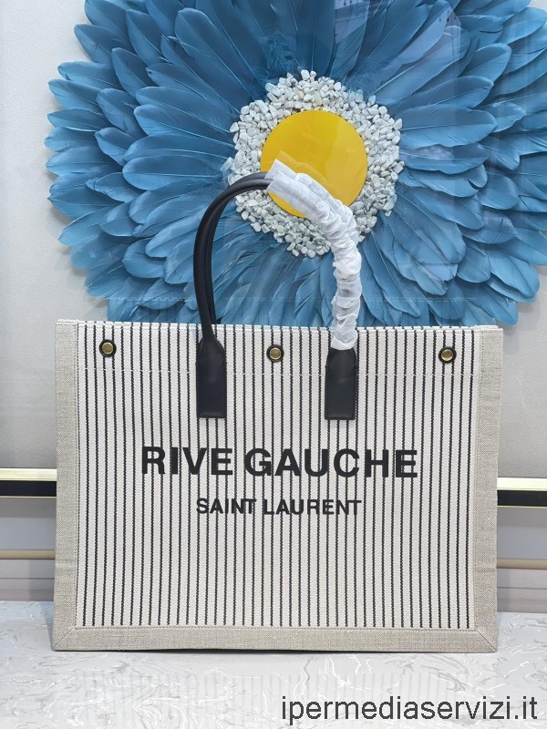 αντίγραφο Saint Laurent Ysl Rive Gauche Tote Bag σε λευκό ριγέ καμβά και δέρμα 509415 48x36x16cm