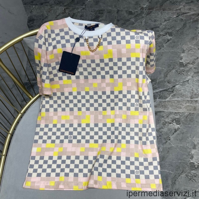 Replica Louis Vuitton Pixel Damier Tshirt σε εκρού γκρι απαλό βαμβακερό ζέρσεϊ 1a9xpp Sml