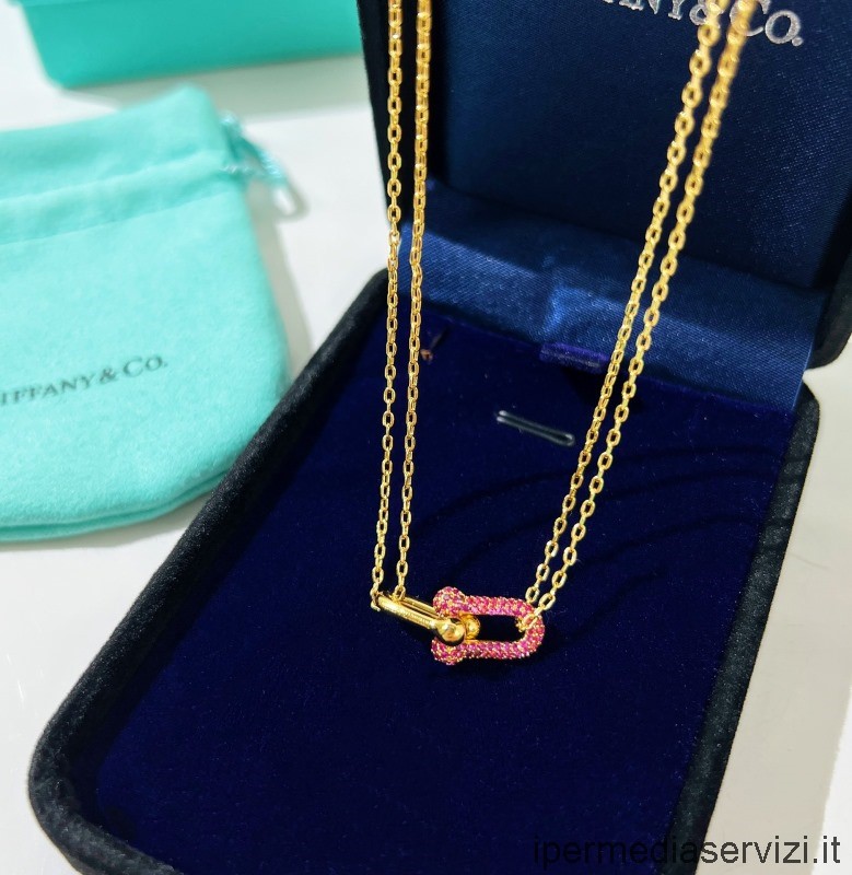 Ρεπλίκα Tiffany Vip κολιέ διπλού συνδέσμου σε χρυσό με Pave διαμάντια