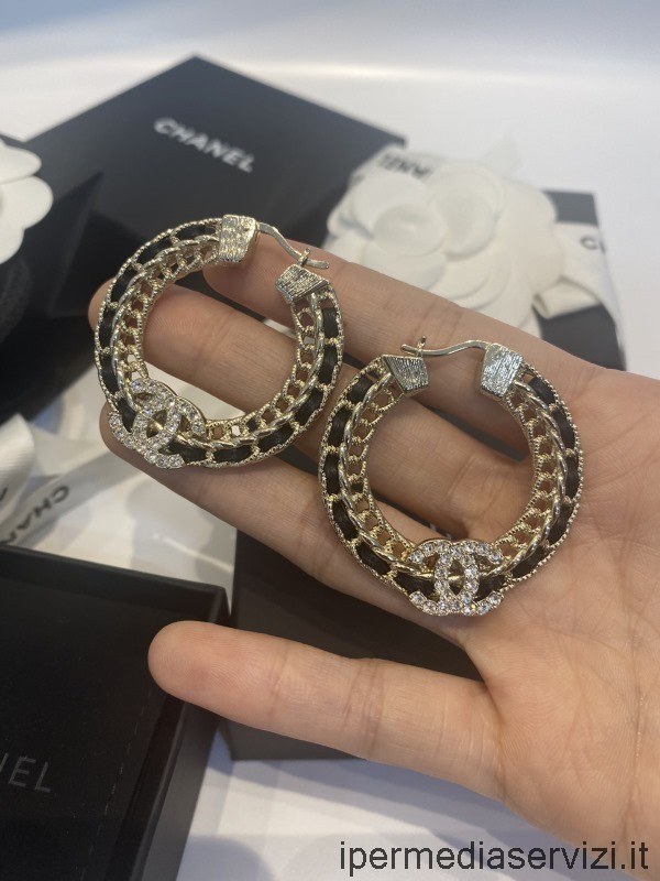 Replica Chanel Crystal Cc στρογγυλά δερμάτινα σκουλαρίκια αλυσίδα