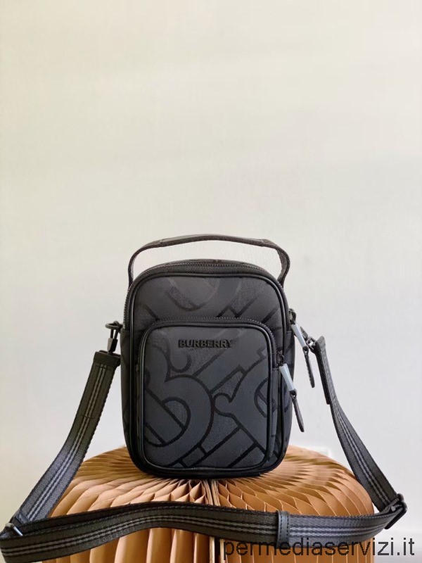 ρεπλίκα Burberry ανδρικό μαύρο μονόγραμμα ζακάρ Messenger τσάντα χιαστί 14x6x19cm