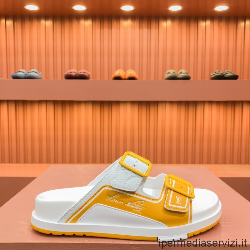 Replica Louis Vuitton Cult Lv Trainer Flat Mule πέδιλο σε κίτρινο δέρμα μοσχαριού 38 έως 44