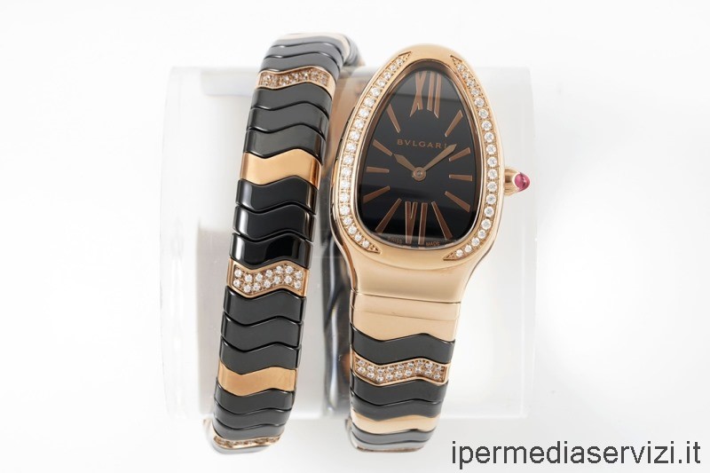 ρεπλίκα Bvlgari Vip Serpenti Spiga γυναικείο ρολόι με διαμάντια σε μαύρο χρυσό κεραμικό 35mm