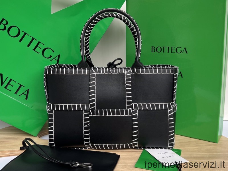 ρεπλίκα Bottega Veneta Arco μικρό μαύρο Intrecciato δερμάτινο Tote Bag με ραφές Overlock 30x20x11cm