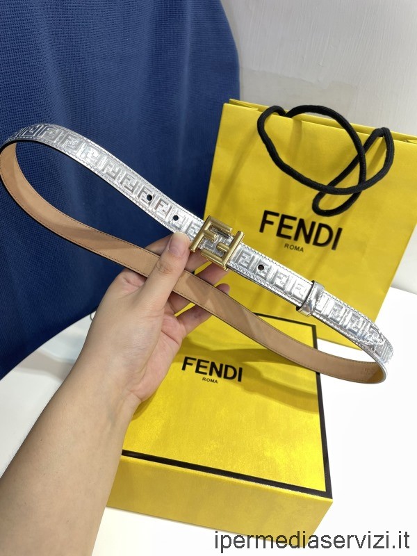 ρεπλίκα Fendi Ff πλακέτα πόρπη ασημί ανάγλυφη δερμάτινη ζώνη 20mm