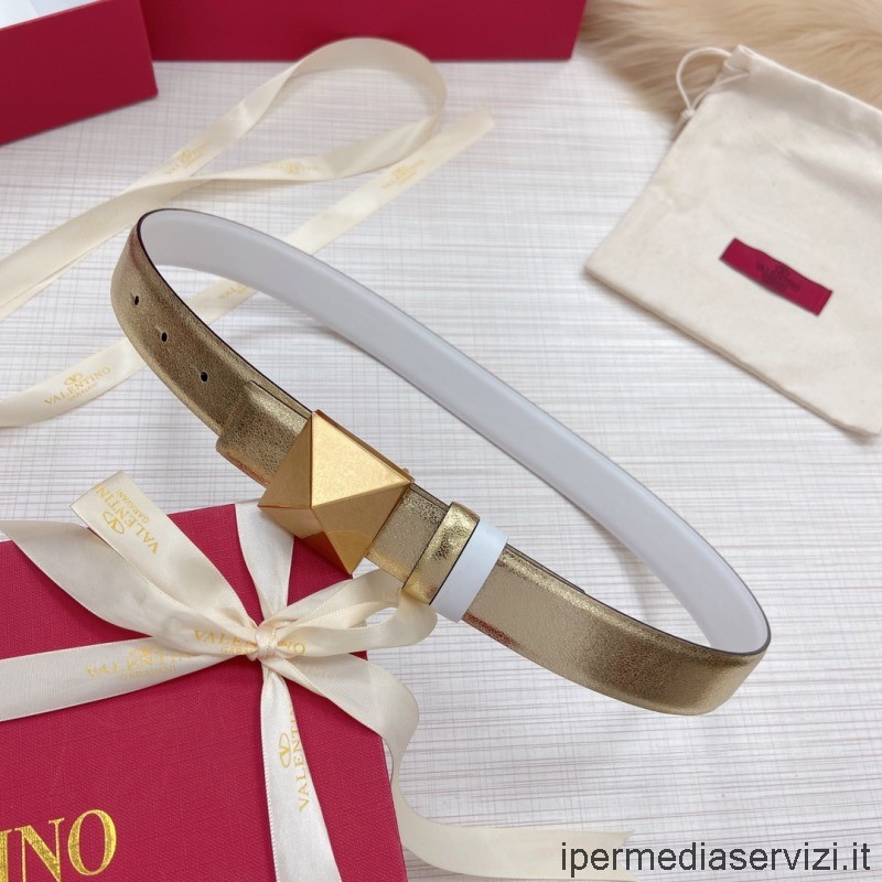 ρεπλίκα Valentino Garavani αναστρέψιμη μάξι πόρπη με ένα καρφί δερμάτινη ζώνη σε χρυσό λευκό 30mm