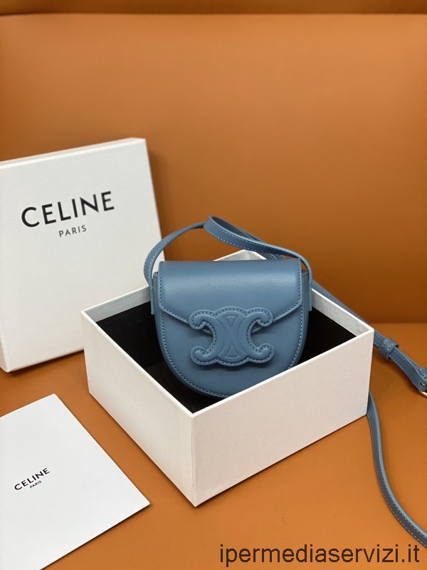 ρεπλίκα Celine Mini Besace Cuir Triomphe χιαστί τσάντα ώμου σε μπλε απαλό δέρμα μοσχαριού 11x10x5cm