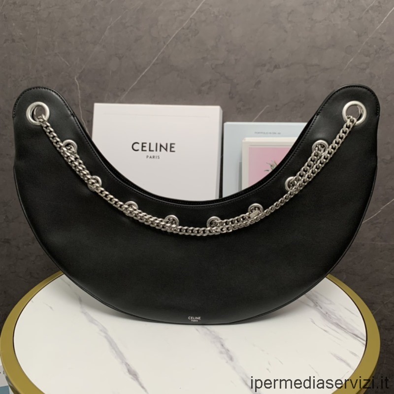 ρεπλίκα Celine μεγάλη τσάντα ώμου Ava Chain σε μαύρο λείο δέρμα μοσχαριού 198993 33x34x8cm