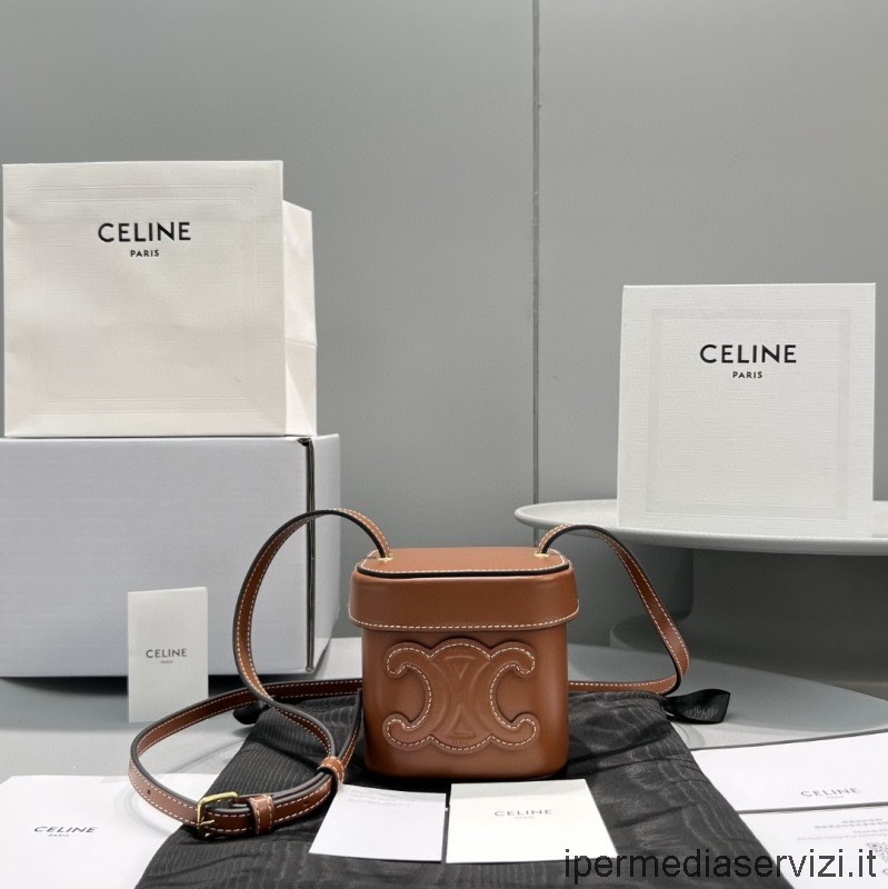 ρεπλίκα Celine μικρό κουτί Cuir Triomphe τσάντα χιαστί ώμου με επάνω λαβή σε καφέ λείο δέρμα μοσχαριού 199263 60264 10x10x11 Cm