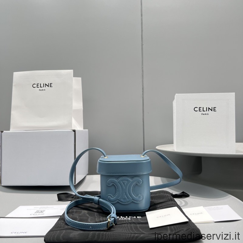 ρεπλίκα Celine μικρό κουτί Cuir Triomphe τσάντα χιαστί ώμου με επάνω λαβή σε μπλε απαλό δέρμα μοσχαριού 199263 60264 10x10x11 Cm