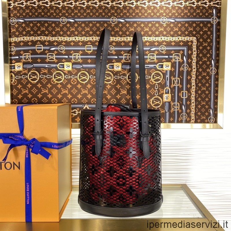 Replica Louis Vuitton κουβάς ανοιχτή δαντέλα μονόγραμμα δερμάτινη τσάντα σε μαύρο M20352 23x26x16cm