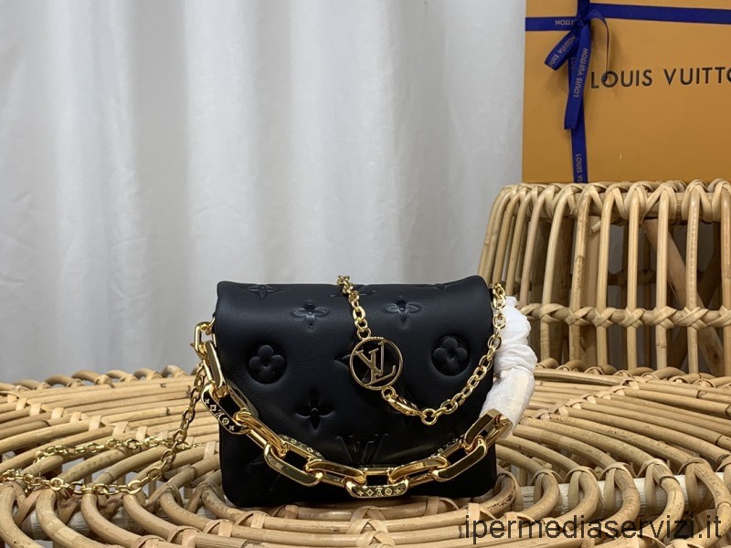 ρεπλίκα Louis Vuitton Beltbag Coussin Chain χιαστί τσάντα ώμου σε μαύρο μονόγραμμα ανάγλυφο φουσκωμένο αρνί M81127 13x11x6cm