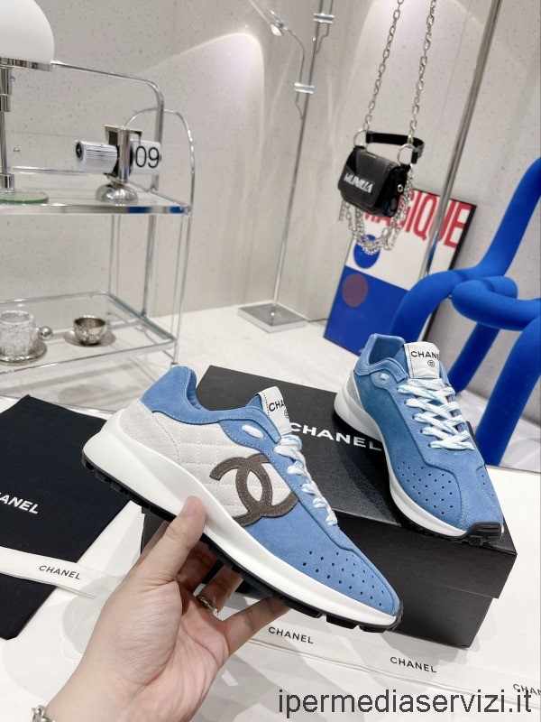 Replica Chanel 2022 Cc Logo Trainers Sneakers σε μπλε γκρι λευκό σουέτ παιδικό δέρμα 35 έως 40