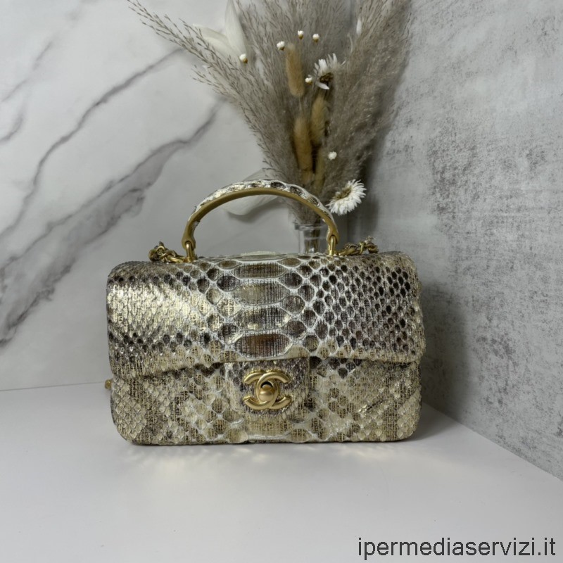 Ρεπλίκα Chanel 2022 Mini Flap τσάντα με επάνω λαβή σε γκρι χρυσό δέρμα πύθωνα As2431 13x20x9cm