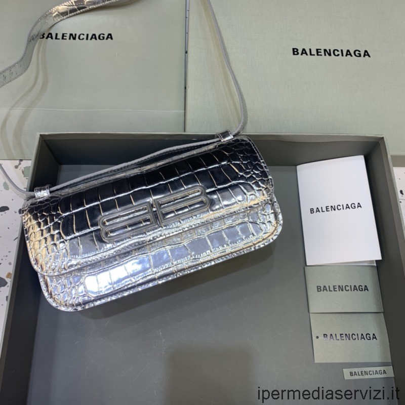 ρεπλίκα Balenciaga Gossip μικρή τσάντα ώμου σε ασημί ελαστικό ανάγλυφο δέρμα μοσχαριού 23x12x10cm