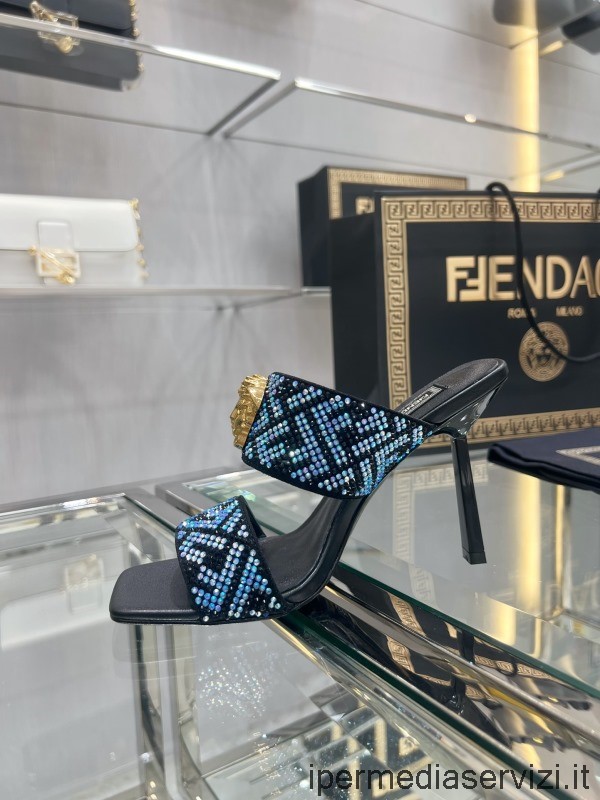 ρεπλίκα Versace X Fendi Fendace Ff κρυστάλλινα στολίδια ζακάρ Mules με τακούνι Slide πέδιλα 35 έως 41