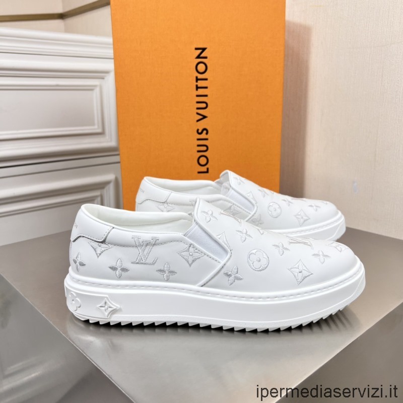 αντίγραφο Louis Vuitton ανδρικό Beverly Hills Slip σε Sneaker με ασημί μονόγραμμα ανάγλυφο λευκό δέρμα μοσχαριού 38 έως 45