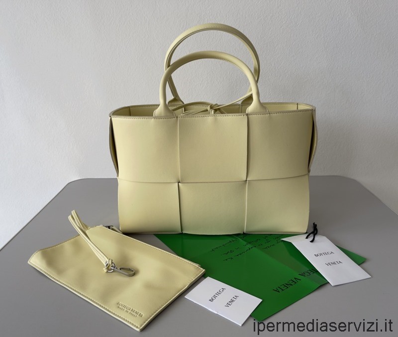 ρεπλίκα Bottega Veneta Arco μικρή Intreccio λεία δερμάτινη τσάντα Tote σε κίτρινο χρώμα 30x20x14 Cm