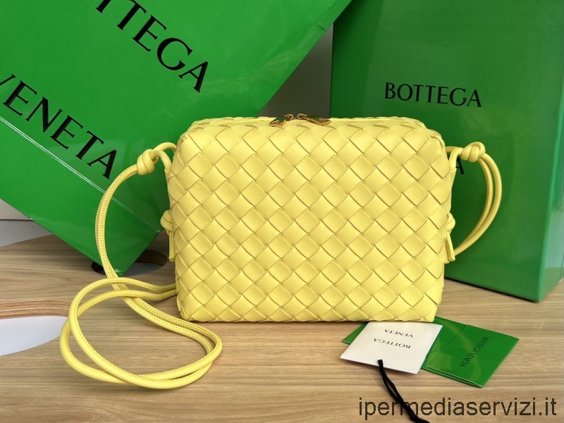 ρεπλίκα Bottega Veneta Loop μικρή κίτρινη Intrecciato δερμάτινη τσάντα χιαστί από δέρμα αρνιού 22x15x9cm