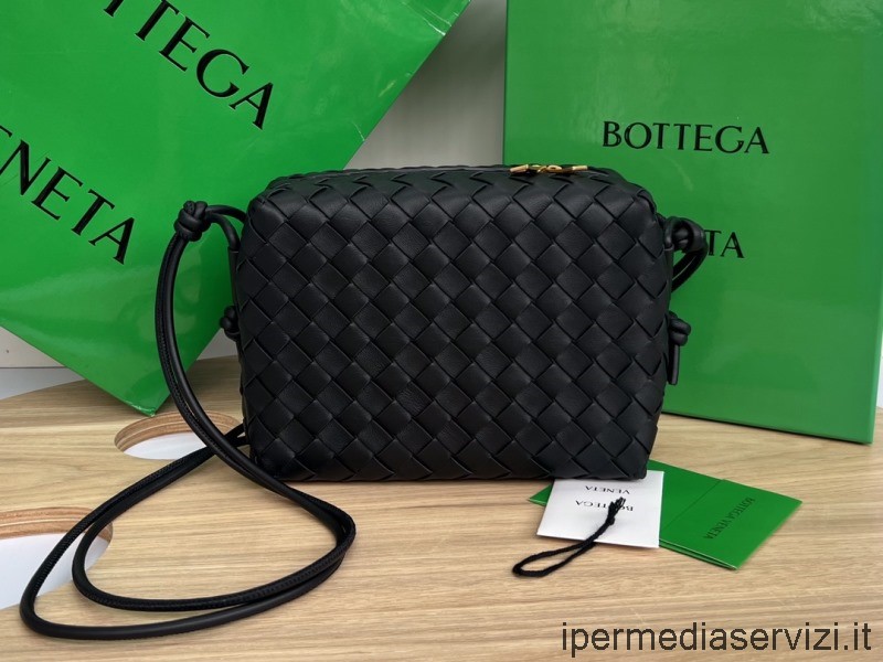 ρεπλίκα Bottega Veneta Loop μικρή μαύρη Intrecciato δερμάτινη τσάντα χιαστί από δέρμα αρνιού 22x15x9cm