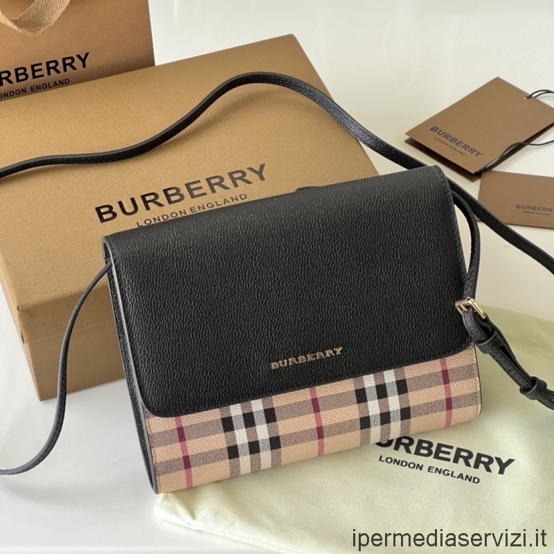 ρεπλίκα Burberry Check E καμβάς και μαύρη δερμάτινη τσάντα χιαστί 22x17x5cm