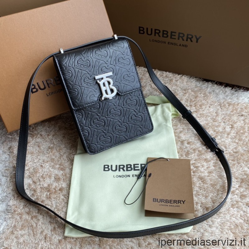 ρεπλίκα Burberry μαύρο μονόγραμμα δερμάτινη τσάντα χιαστί ώμου Robin 13x4x19cm