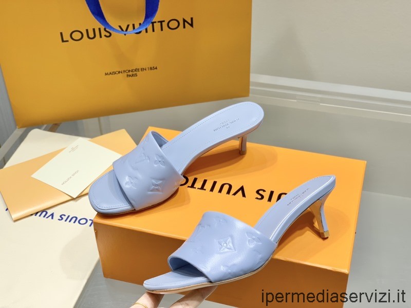 Replica Louis Vuitton Lv Revival με τακούνι Mule Slide πέδιλο σε γαλάζιο μονόγραμμα ανάγλυφο δέρμα αρνιού 55mm 35 έως 41