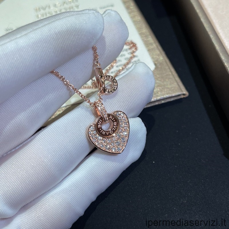 Ρεπλίκα Bvlgari ροζ χρυσό κολιέ με διαμάντι Pave καρδιά μενταγιόν