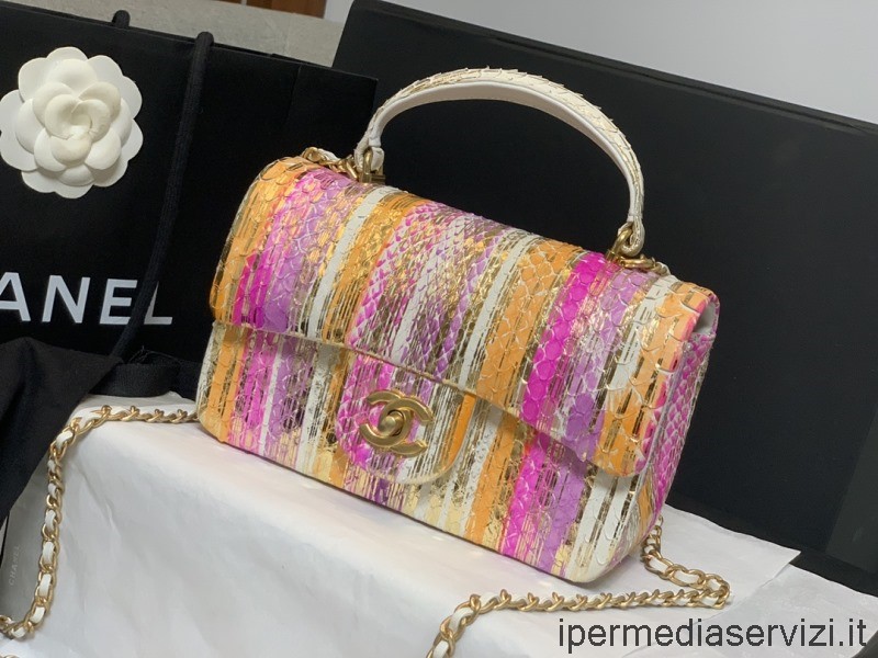 ρεπλίκα Chanel 2022 Flap τσάντα ώμου με επάνω λαβή από πολύχρωμο δέρμα φιδιού ως 2431 20x14x7cm