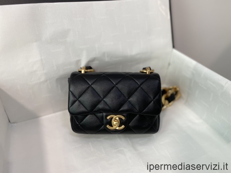 ρεπλίκα Chanel Mini Flap τσάντα με αλυσίδα σε μαύρο δέρμα αρνιού As3213 13x17x6cm