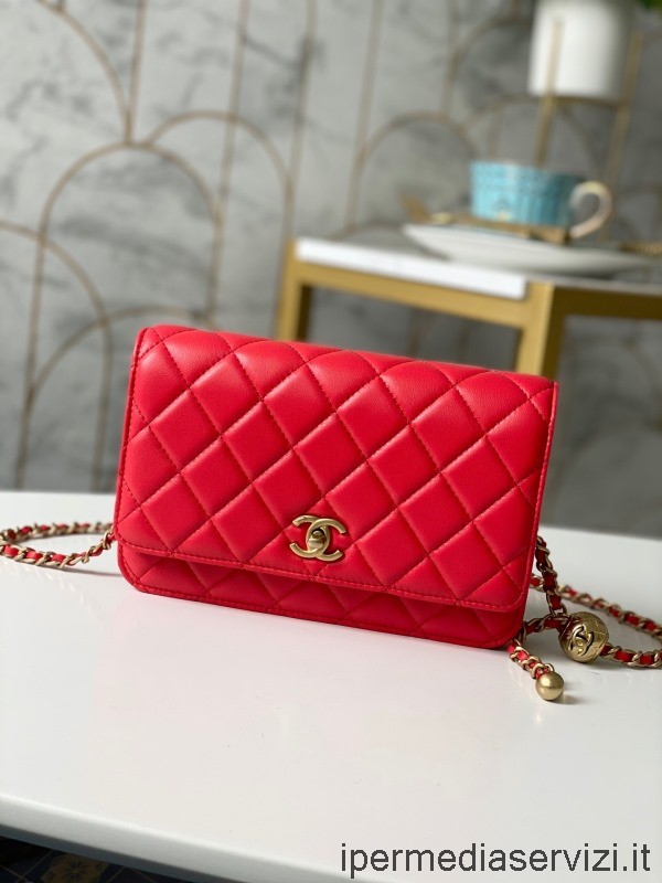 ρεπλίκα Chanel Woc πορτοφόλι σε αλυσίδα σε κόκκινο δέρμα αρνιού Ap1450 19cm