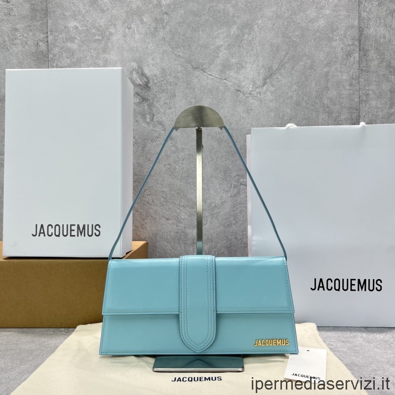 ρεπλίκα Jacquemus Le Bambinou Logo Plaque Tote Bag σε γαλάζιο δέρμα 28x13x6cm