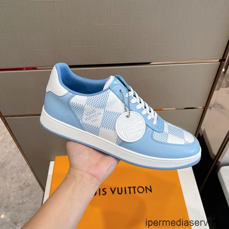 Replica Louis Vuitton 2022 Lv Rivoli Low Top Sneakers σε γαλάζιο Maxi Damier δέρμα μοσχαριού 38 έως 45