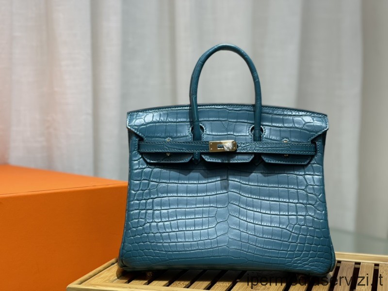 Ρεπλίκα Hermes Vip Birkin τσάντα 25 Tote από μπλε πραγματικό δέρμα κροκόδειλου