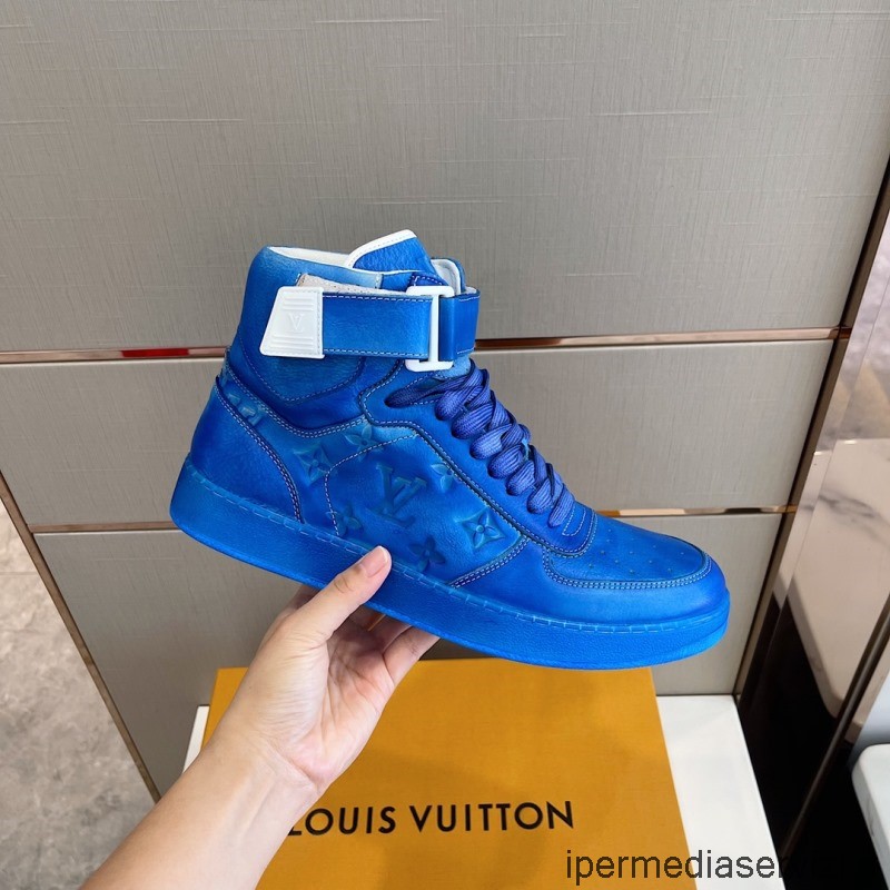 Replica Louis Vuitton Lv Rivoli Trainer Sneakers μποτάκι σε μπλε μονόγραμμα ανάγλυφο δέρμα 38 έως 45