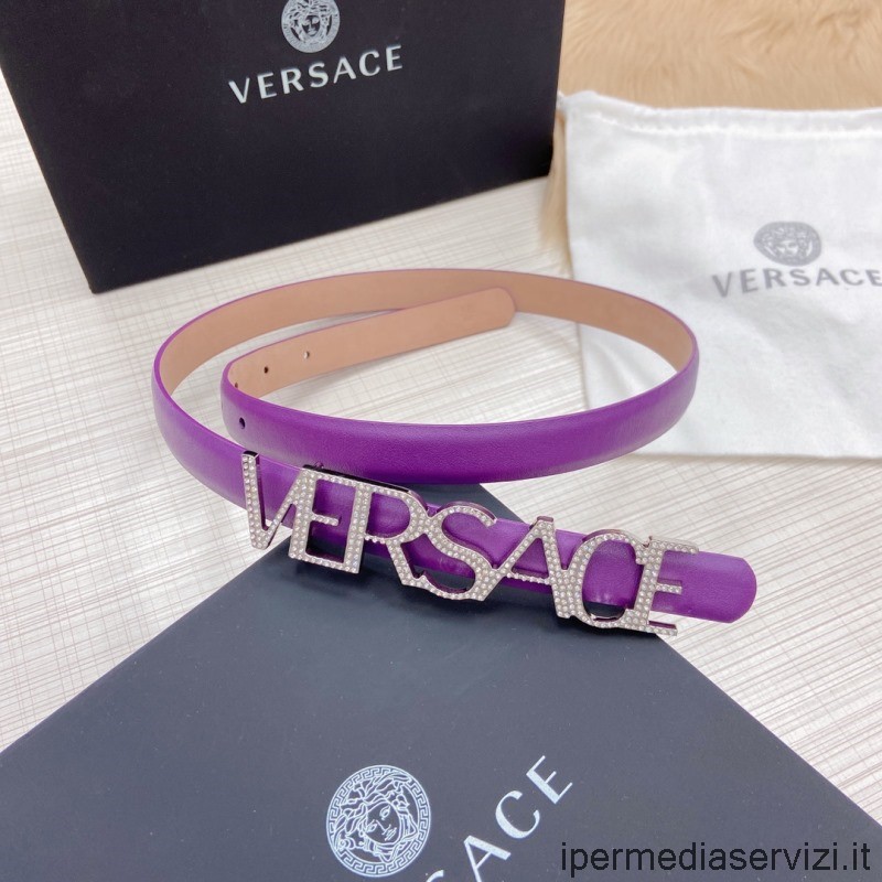 Replica Versace Crystal Versace δερμάτινη ζώνη με λογότυπο Versace σε μωβ 20mm