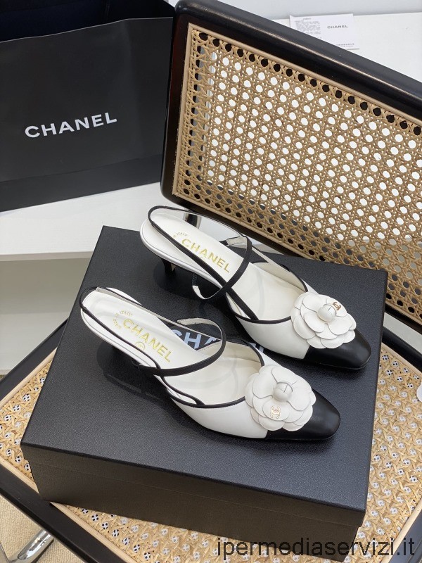 ρεπλίκα Chanel λευκό λουλούδι καμέλια δέρμα Slingback αντλίες 50mm 35 έως 41