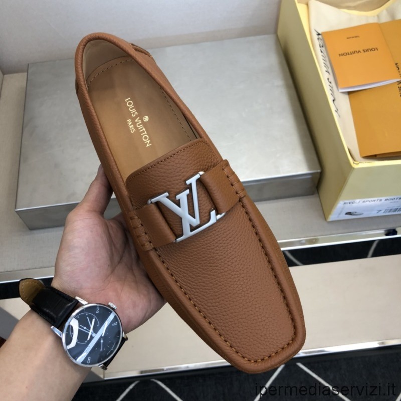 ρεπλίκα Louis Vuitton Hockenheim Mocassin Loafers από καφέ δέρμα μοσχαριού 38 έως 44
