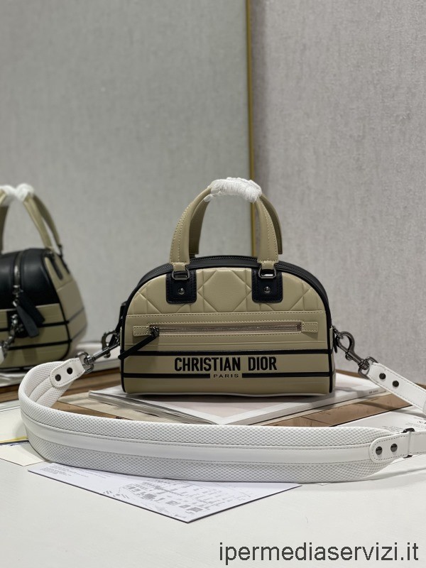ρεπλίκα ντιόρ μικρή τσάντα μπόουλινγκ Dior Vibe με φερμουάρ σε μπεζ μαύρο απαλό δέρμα μοσχαριού 25x13x16 Cm