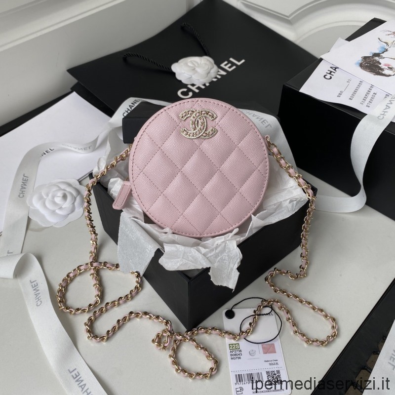 Replica Chanel κρύσταλλα Cc στρογγυλό κυκλικό συμπλέκτη με αλυσίδα χιαστί τσάντα σε ροζ δέρμα Ap2736 12x12x4cm