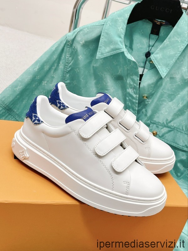 Replica Louis Vuitton Time Out Sneaker σε λευκό και μπλε δέρμα μοσχαριού και μονόγραμμα βελούδο 35 έως 41