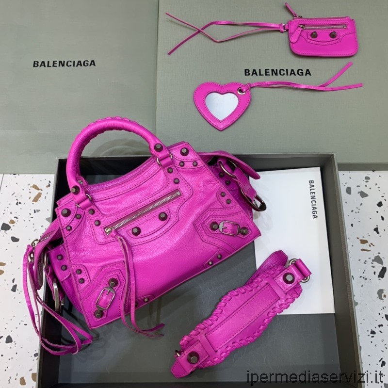 ρεπλίκα Balenciaga Neo Cagole Xs Tote τσάντα ώμου σε φούξια ροζ αρένα δέρμα αρνιού 26x13x18 εκ