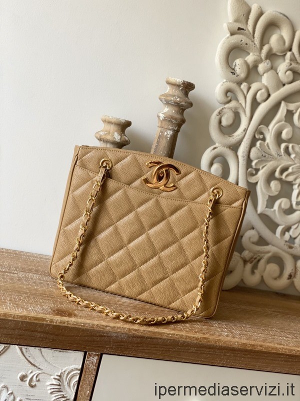 ρεπλίκα Chanel Vintage μικρό Cc λογότυπο τσάντα για ψώνια σε μπεζ δέρμα χαβιαριού 28x9x23cm