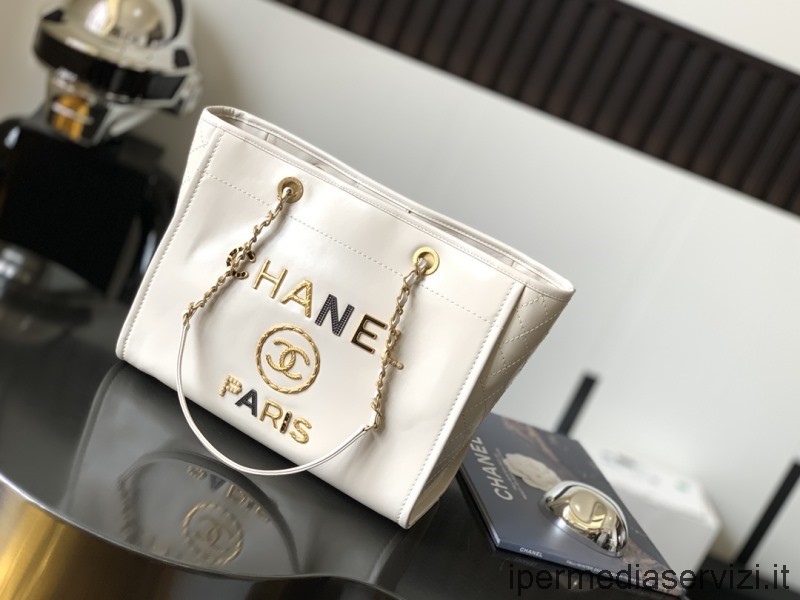 ρεπλίκα Chanel μεσαία Deauville δερμάτινη τσάντα για ψώνια σε λευκό χρώμα A66940 34x26x17cm