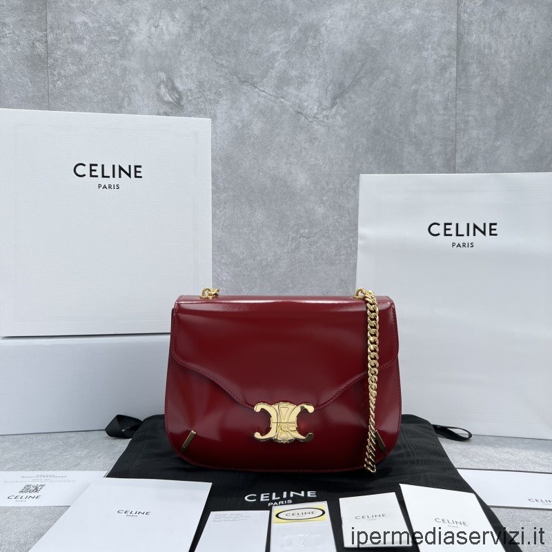 ρεπλίκα Celine κόκκινη γυαλιστερή αλυσίδα από δέρμα μοσχαριού Besace Triomphe τσάντα ώμου 199273 24x17x4cm