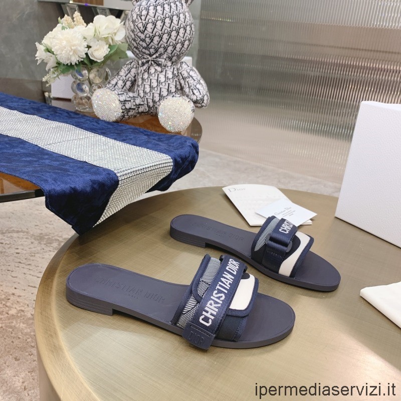 Replica Dior Evolution Slide πέδιλο σε γυαλιστερό τεχνικό ύφασμα μπλε 35 έως 41