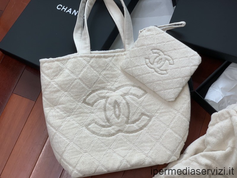 Ρεπλίκα Chanel λευκό Cc καπιτονέ υφασμάτινο σετ πετσετών θαλάσσης